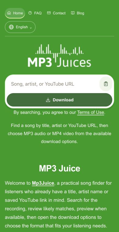 The search field accepts a song title, artist name or YouTube URL. - Mp3Juice